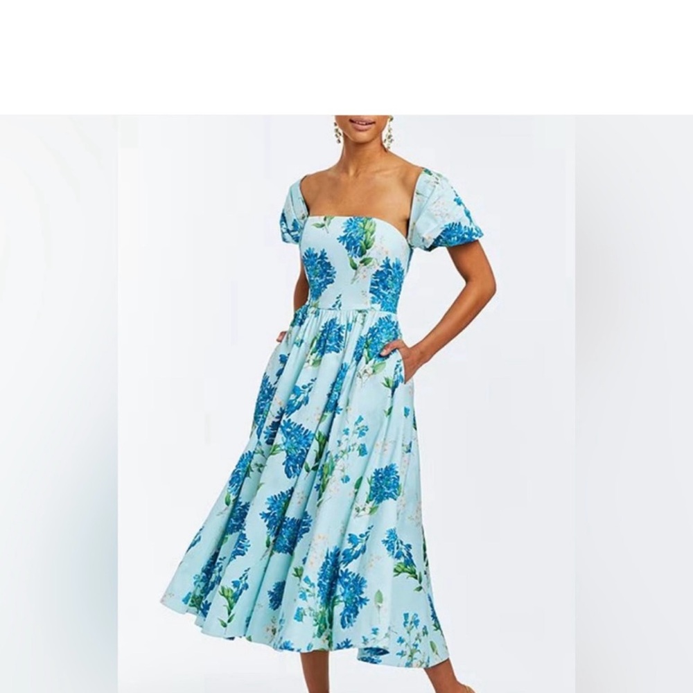 Mestiza Blue Pleated A-Line Midi Dress with Puff Sleeves